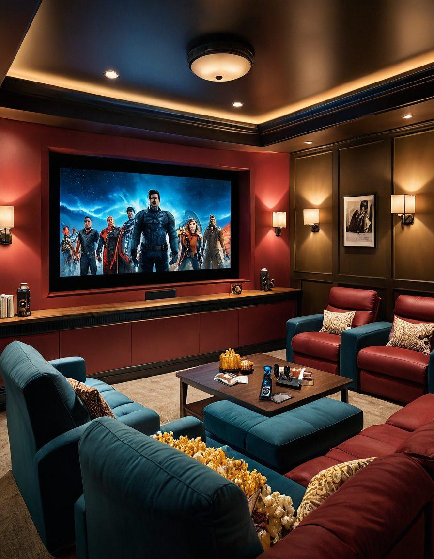 A cozy home theater setup featuring a large screen displaying a mix of blockbuster action scenes and heartwarming family moments. Plush seating adorned with family members enjoying popcorn and drinks, surrounded by cozy lighting and film memorabilia. The atmosphere is inviting, with a modern aesthetic and cinematic decor that showcases the joy of movie watching together. super-realistic. vibrant colors. warm lighting.