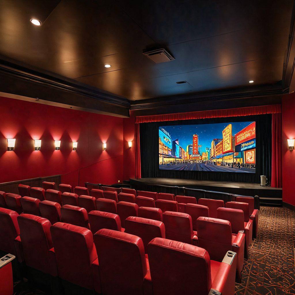 A dazzling movie theater filled with excited visitors, featuring a large screen displaying vibrant scenes from popular films. Include warm, inviting lighting and plush seating to create a cozy atmosphere. Showcase people enjoying popcorn and drinks, capturing expressions of joy and anticipation. Subtle hints of Cinemark branding elements in the decor. super-realistic. vibrant colors. cinematic style.