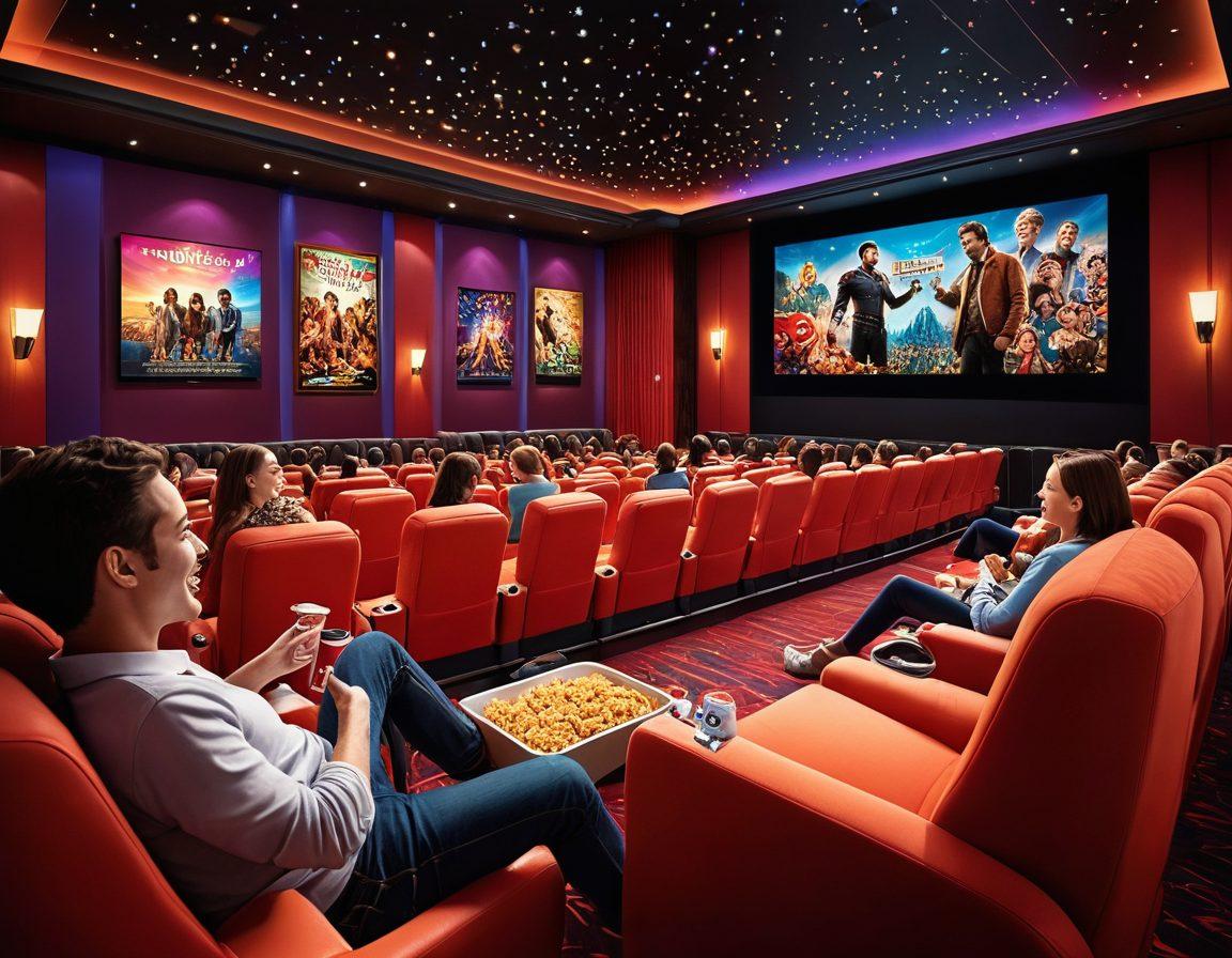 A vibrant cinema interior filled with joyful moviegoers, showcasing Cinemark's latest offerings like luxurious reclining seats and gourmet snacks. Include a giant screen displaying a captivating movie scene, with colorful lights reflecting off the walls. Capture the excitement and anticipation in the air as friends and families gather for an unforgettable movie experience. super-realistic. vibrant colors. 3D.